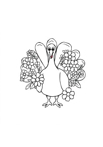 Thanksgiving Turkey With Flowers Coloring Page