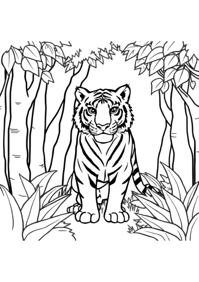 Tiger In Jungle In Forest Coloring Page