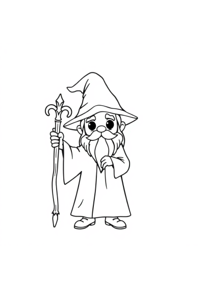 Tiny Wizard With Staff Coloring Page