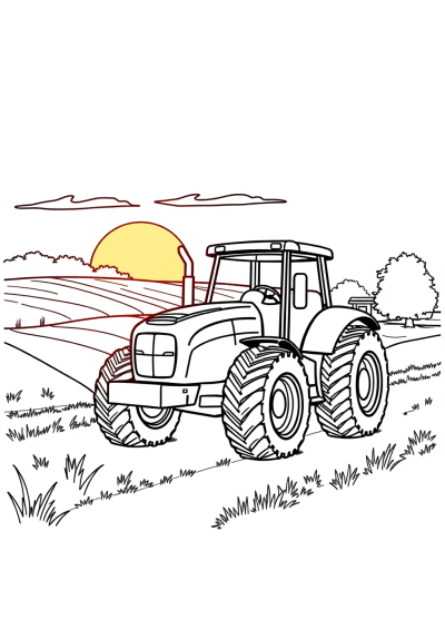Tractor On Farm At Sunset Coloring Page