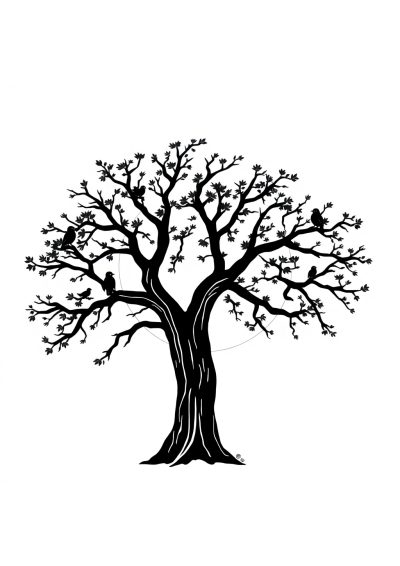 Tree With Birds At Sunset Coloring Page