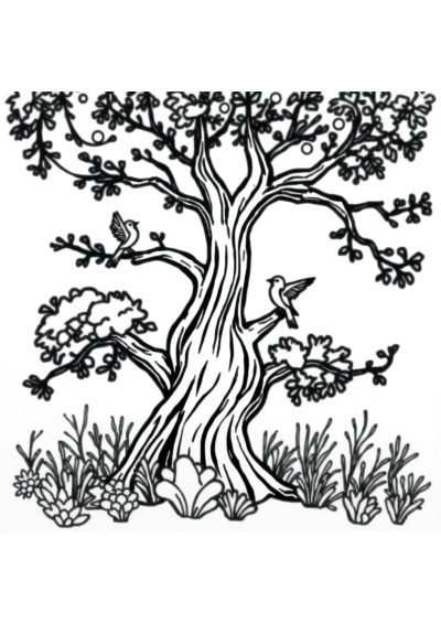 Tree With Birds Underwater Coloring Page