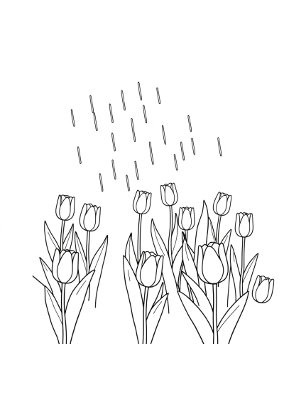 Tulip Garden In Rain Coloring Page