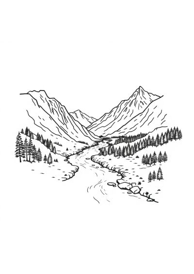 Vintage River Through Mountains Coloring Page