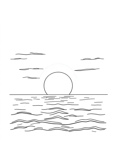 Vintage Sunset Over Ocean Coloring Page