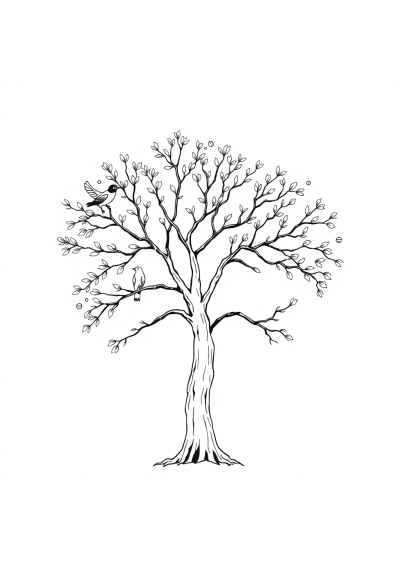Vintage Tree With Birds Coloring Page