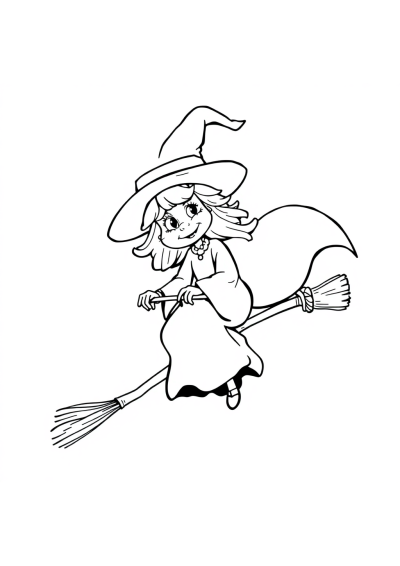 Vintage Witch On Broomstick Coloring Page
