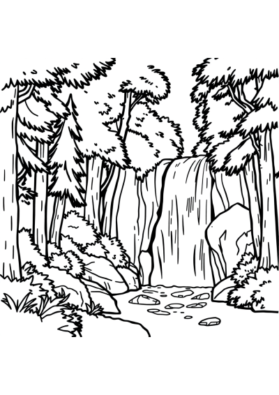 Waterfall Scene In Forest Coloring Page
