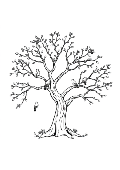 Wild Tree With Birds Coloring Page
