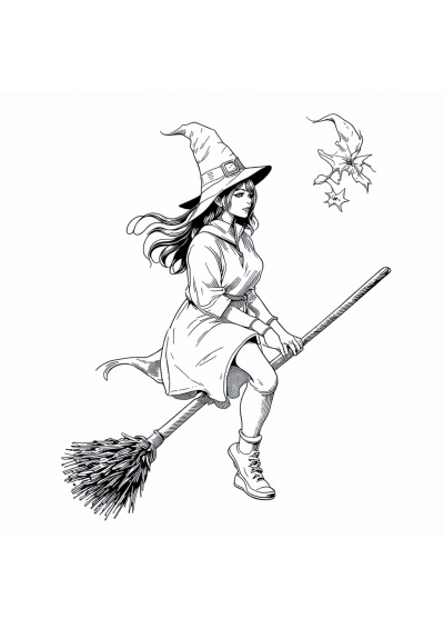 Witch On Broomstick Coloring Page