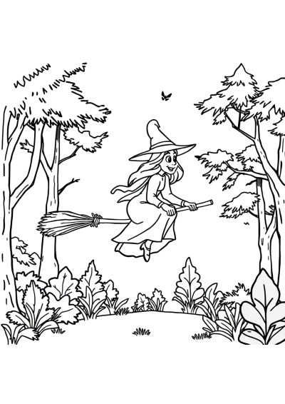 Witch On Broomstick In Forest Coloring Page