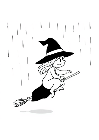 Witch On Broomstick In Rain Coloring Page