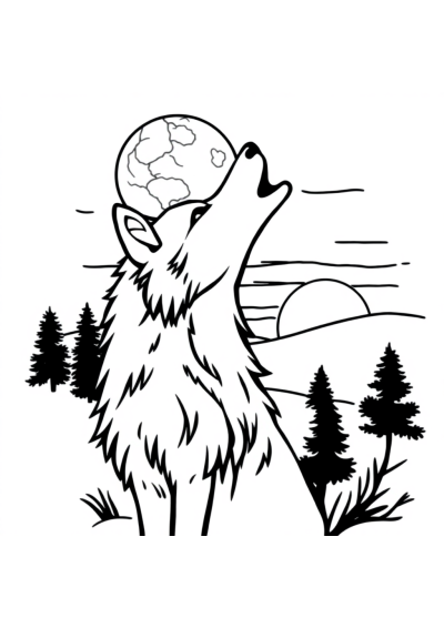 Wolf Howling At Moon At Sunset Coloring Page