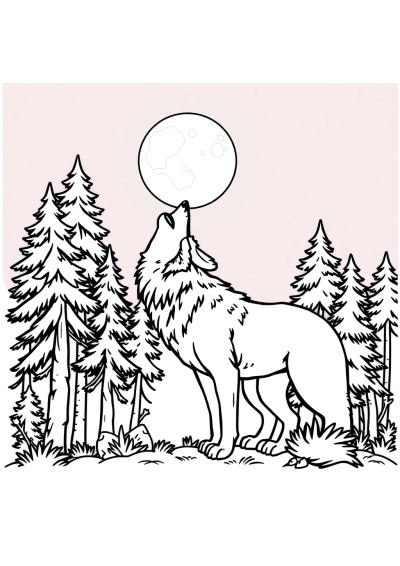 Wolf Howling At Moon In Forest Coloring Page
