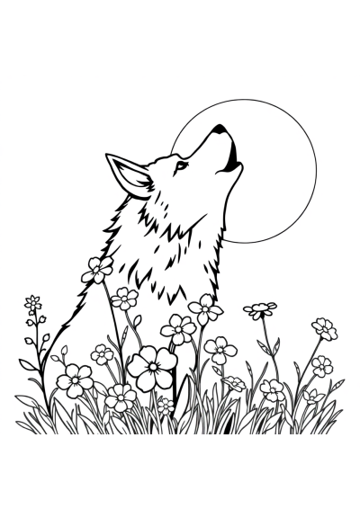 Wolf Howling At Moon With Flowers Coloring Page