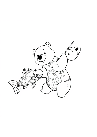 Zentangle Style Bear Catching Fish Coloring Page
