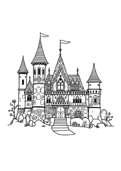 Zentangle Style Enchanted Castle Coloring Page