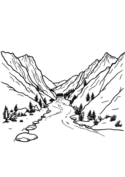 Zentangle Style River Through Mountains Coloring Page