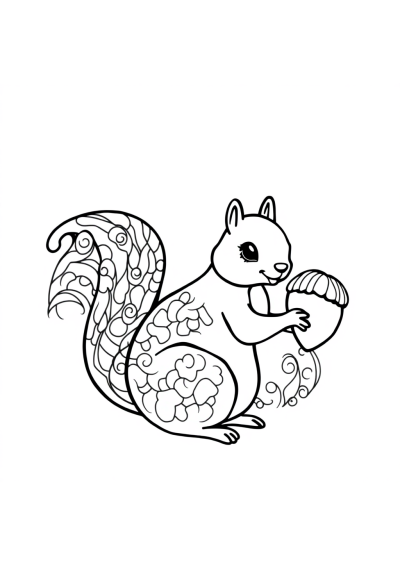 Zentangle Style Squirrel With Acorn Coloring Page