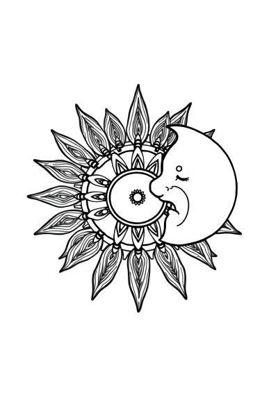 Zentangle Style Sun And Moon Mandala Coloring Page