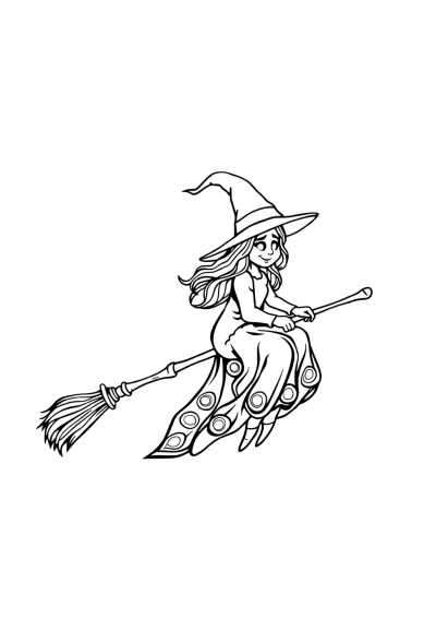 Zentangle Style Witch On Broomstick Coloring Page